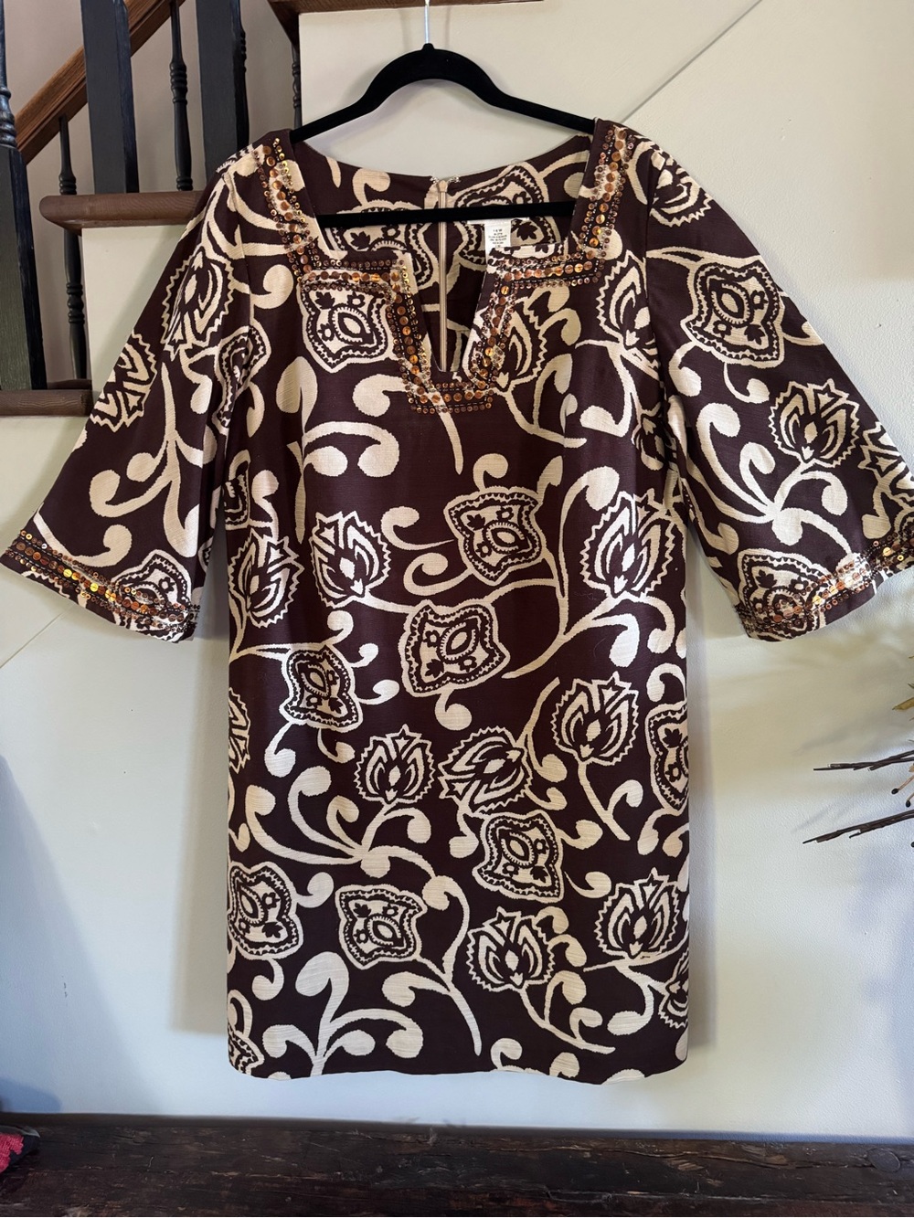 Women’s Brown & Cream Floral Tunic Dress with Embellished Neckline - Picture 5 of 10